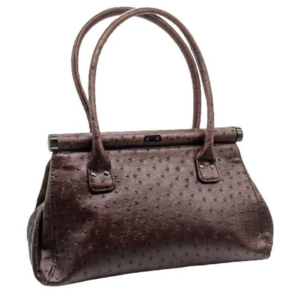 Coffee Brown Faux Ostrich Skin Gunmetal Satchel Bag - Picture 2 of 8